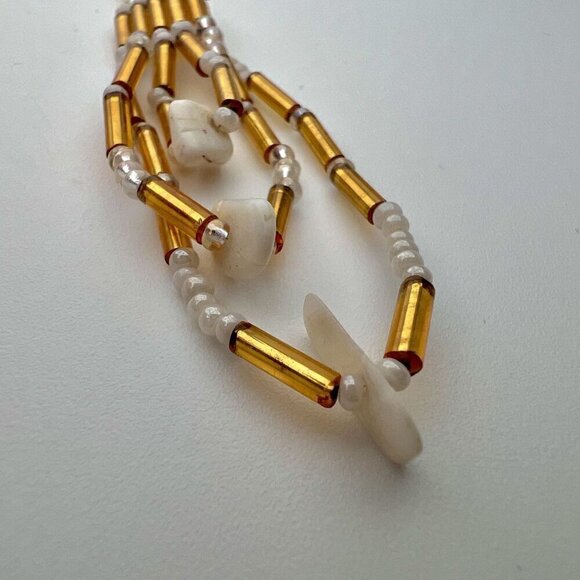 Handmade Gold & White Beaded Dangle Earrings Pierced Ears - Picture 7 of 7